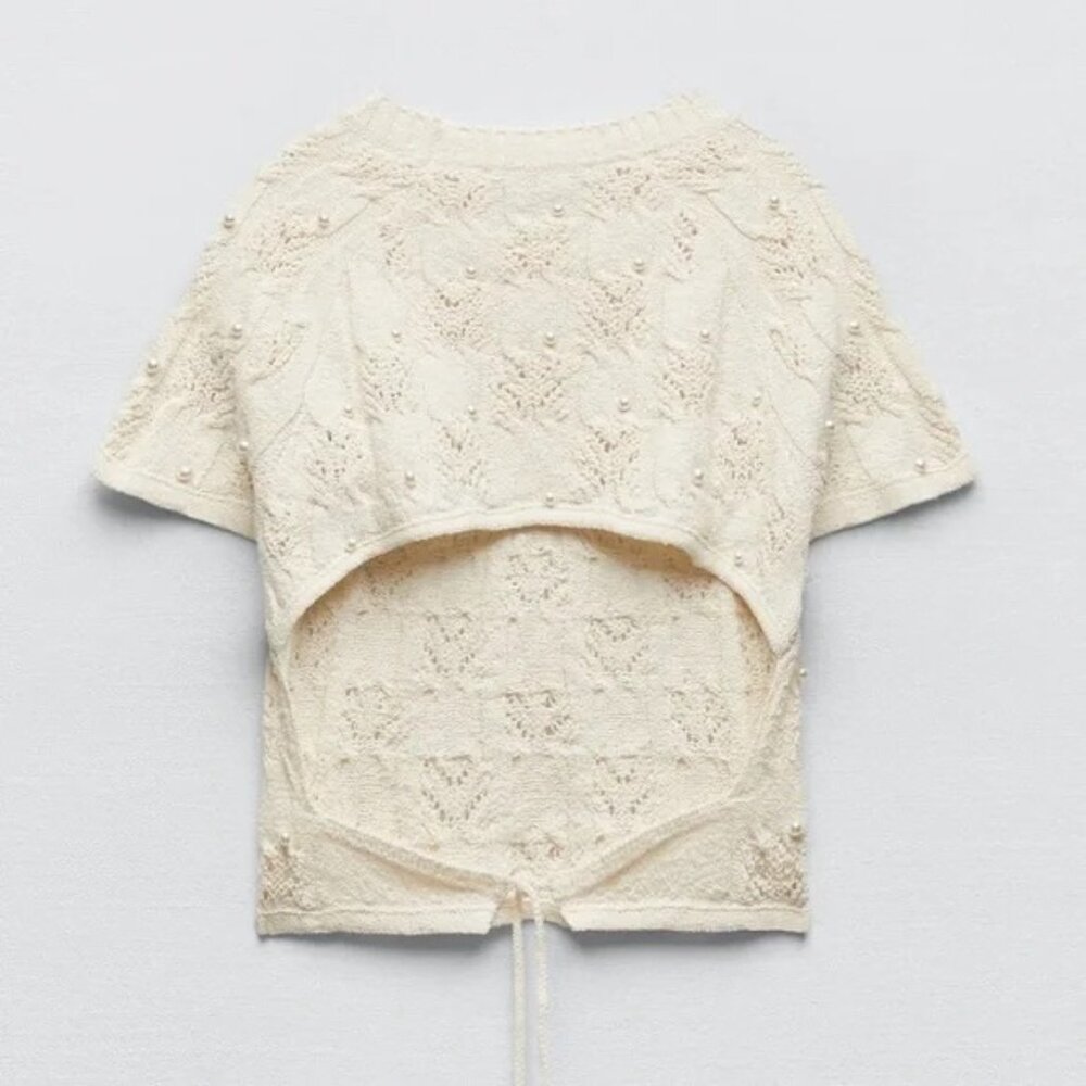 ZARA knit crop top Open back with faux Pearls White Size XL Ref 4331/104 - Picture 4 of 11